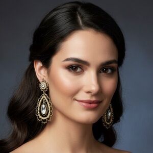 Vintage Style Antique Gold Chandelier Earrings Faux Pearl & Crystal Teard